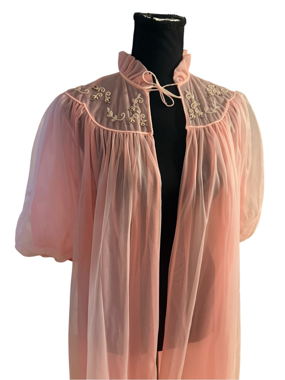 Vintage 60s pink Parfait Robe Babydoll Peignoir Classy Beaded One Size - Picture 2 of 8